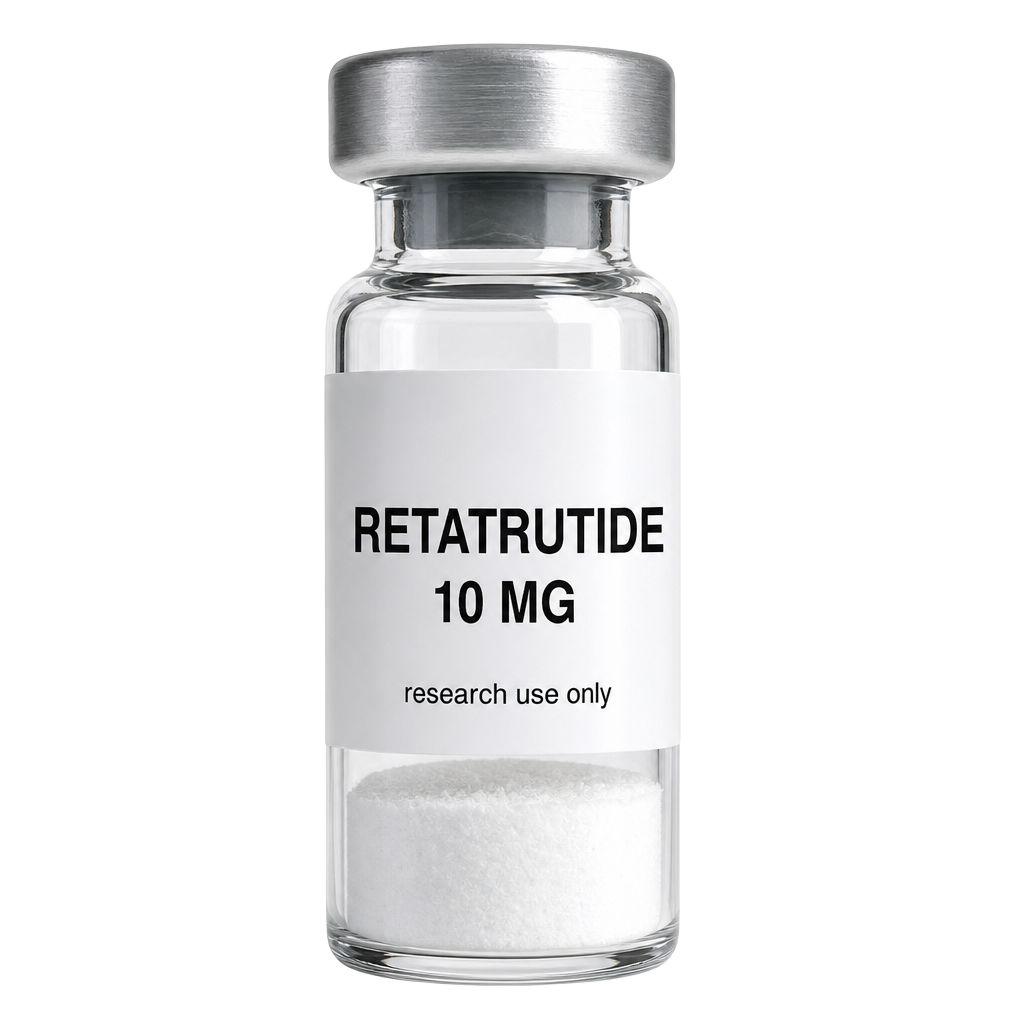 Glass vial labeled RETATRUTIDE 10 MG, research use only, emerging from orange smoke